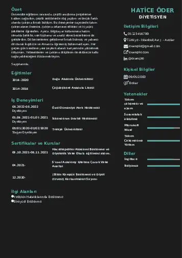 Beslenme Uzmanı Diyetisyen CV Örnekleri cv indir